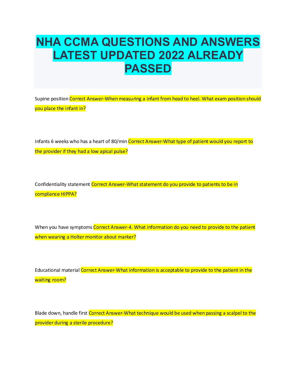 Preview of NHA CCMA QUESTIONS AND ANSWERS LATEST UPDATED 2022 ALREADY PASSED